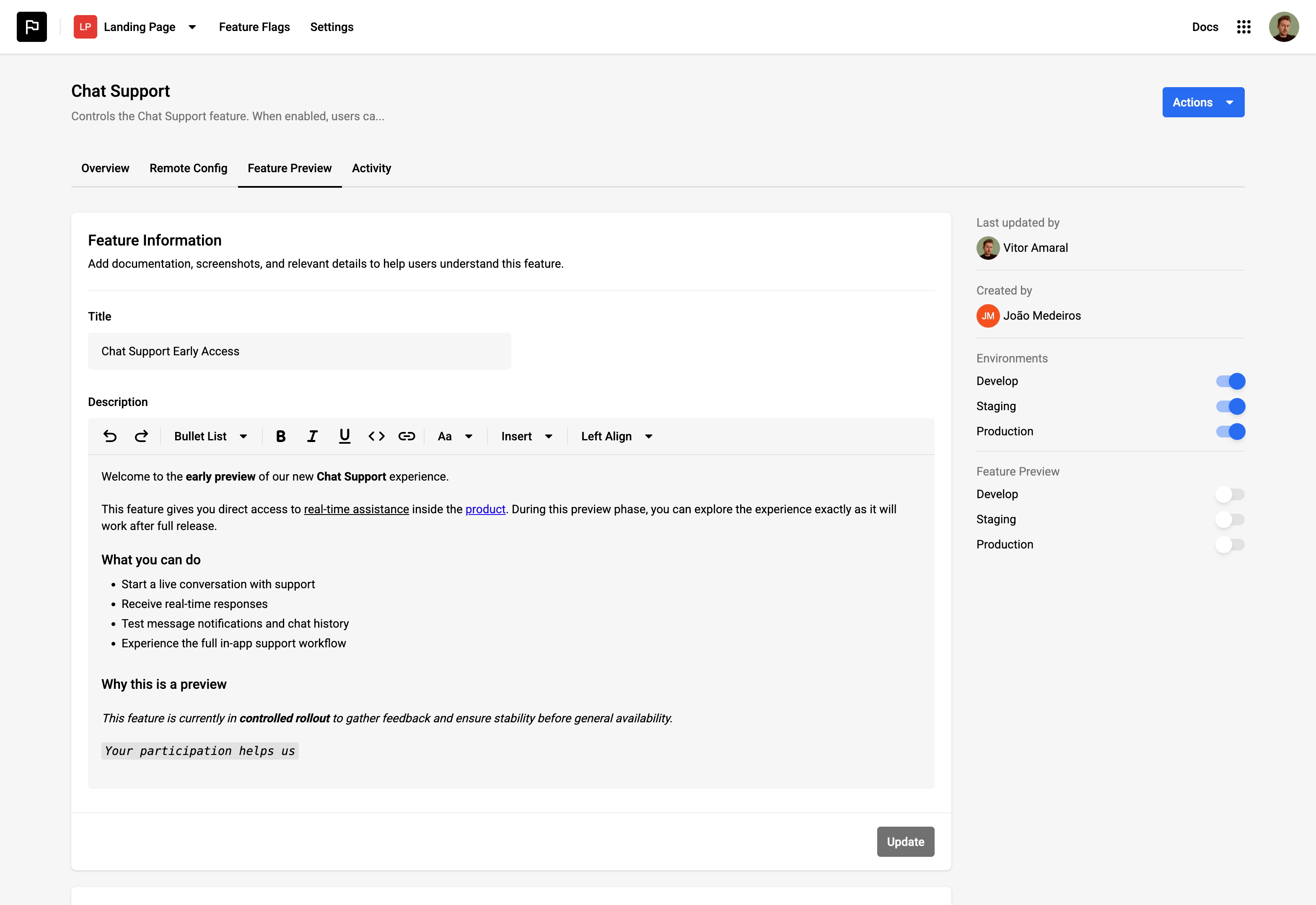 A product dashboard showing a feature preview toggle enabled for a subset of users before general release.